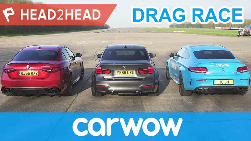 BMW M3 v Mercedes AMG C63 S v Alfa Romeo Giulia QV DRAG RACE, BRAKE DRIFT OFF , Head2